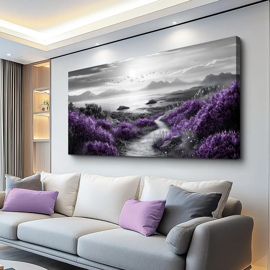 

Canvas Wall Art For Living Room Wall Decor For Bedroom Office Wall Decoration Purple Flowers Landscape Painting Black And White