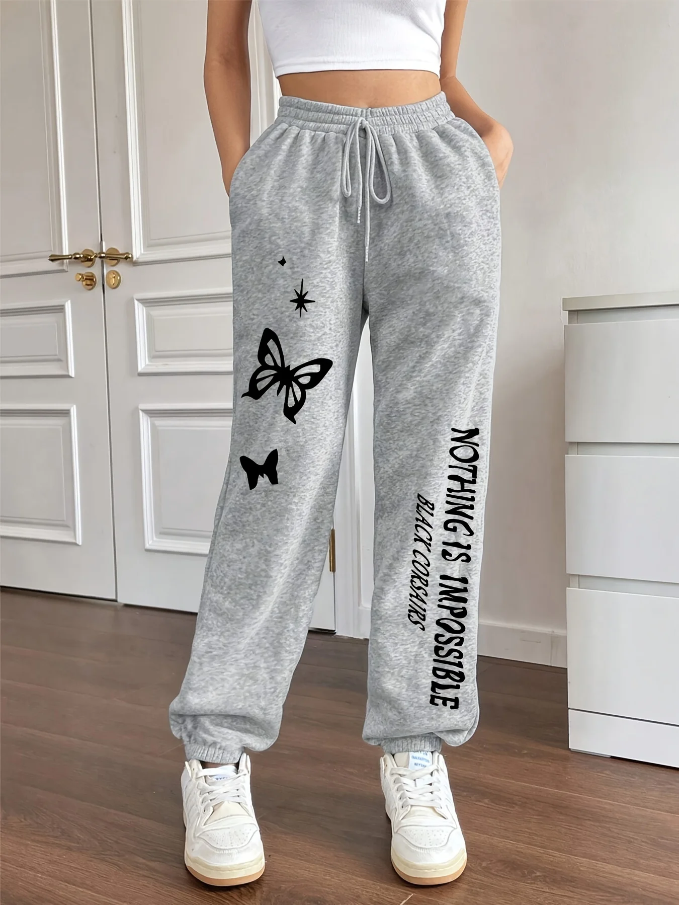 Butterfly Letter Printing Women's Elastic Waist Pants Comfortable Drawstring Long Pant Fashion Casual Female Sports Sweatpants