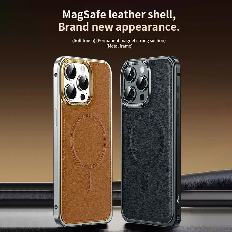 

Aluminum Alloy Metal Magnetic Leather Phone Case For iPhone 15 14 Pro Max With Spring Buckle Border Shockproof Protective Cover