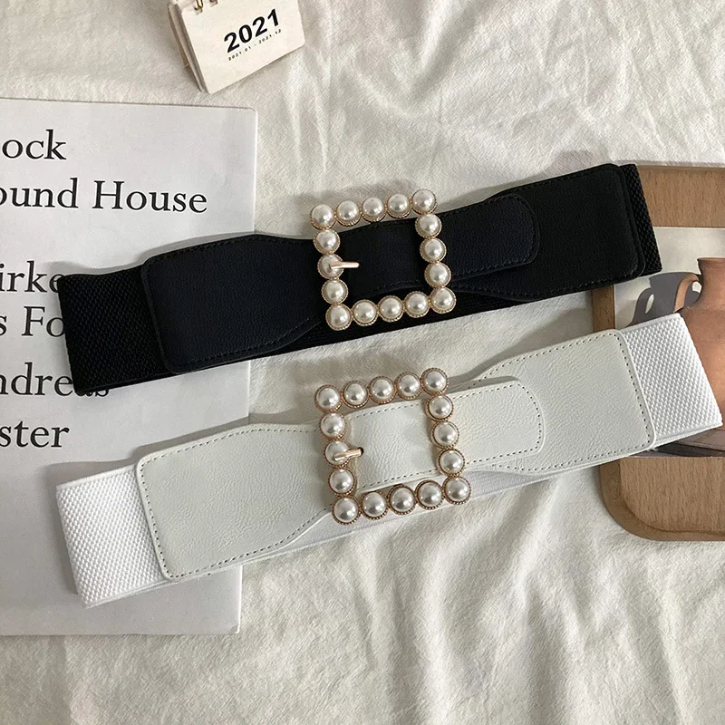 

Belt Women's Instagram Style Fashionable, Simple, and Fashionable Decoration Pearl Belt with Sweater Elastic Elastic Black Wide