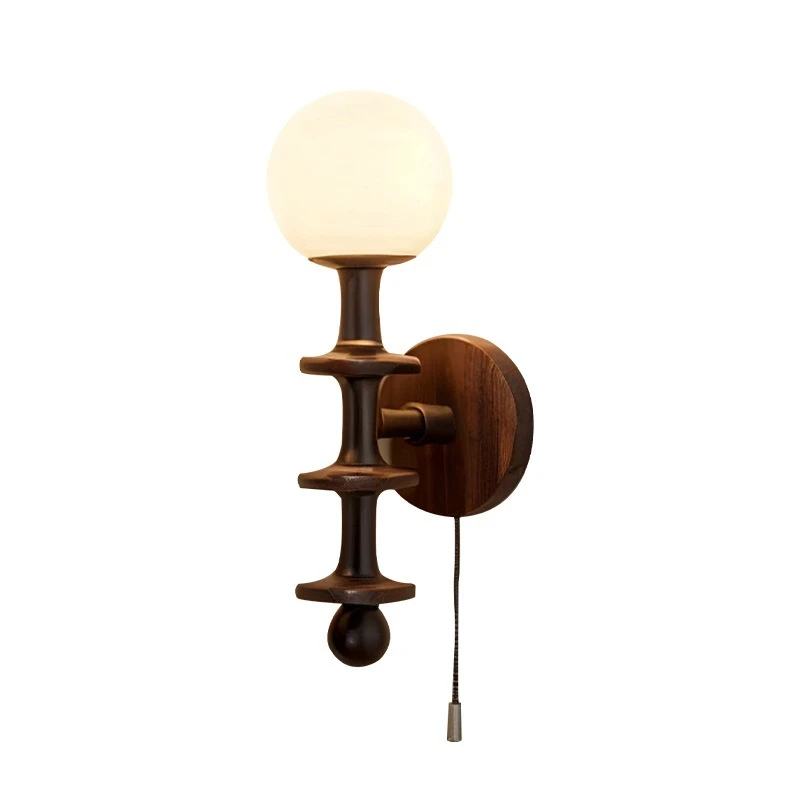 

Medieval wall lamp solid wood new Chinese bedroom bedside lamp American retro living room pull wire switch background