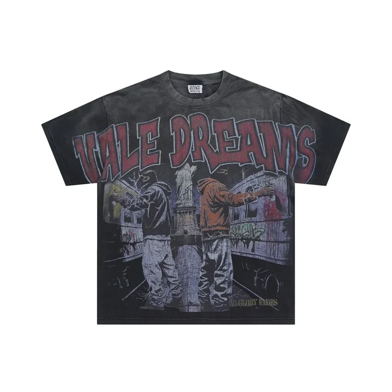 

Oversized VALLEY Men’s T Shirts Pure Cotton Black Washed Vintage Vale Short Sleeves Top Tees