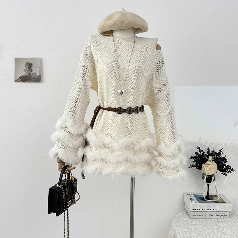 

Shoulder Plush Splicing Hollow Long-Sleeved Knitted Dress Women's Autumn 2025 Waist-Strapped A-Word Short Dresses