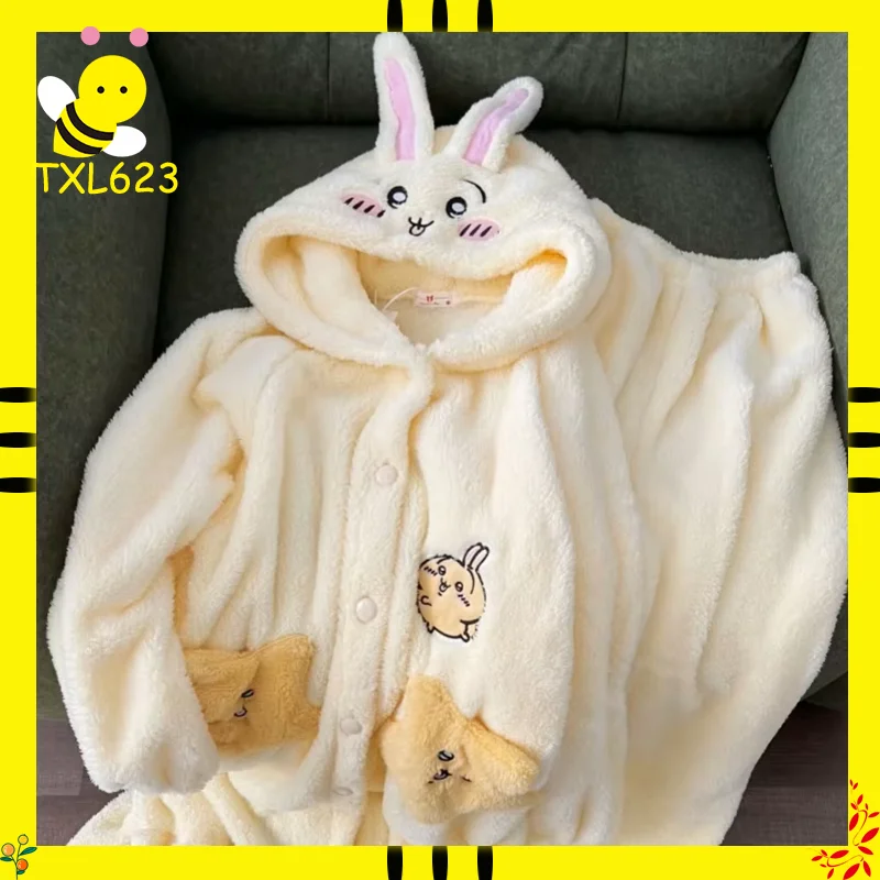 

Женский коралловый бархатный пижамный комплект Kawaii Chiikawa Usagi, зимний утолщенный милый повседневный домашний костюм в стиле аниме, халат и пижамные штаны