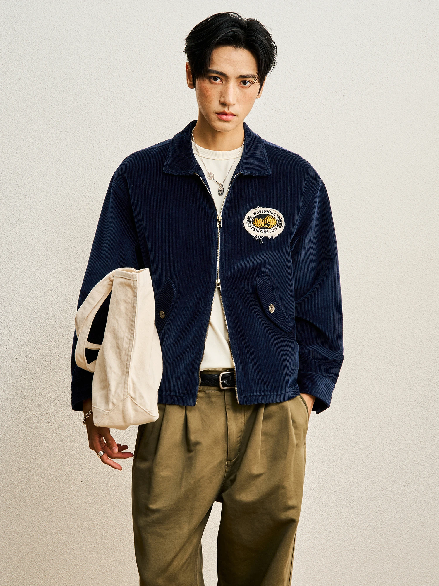 CENLES AW26 Men's Corduroy Jacket Long Sleeve Turn-down Collar Embroidered Logo Warm Casual Style Thickened Outerwear