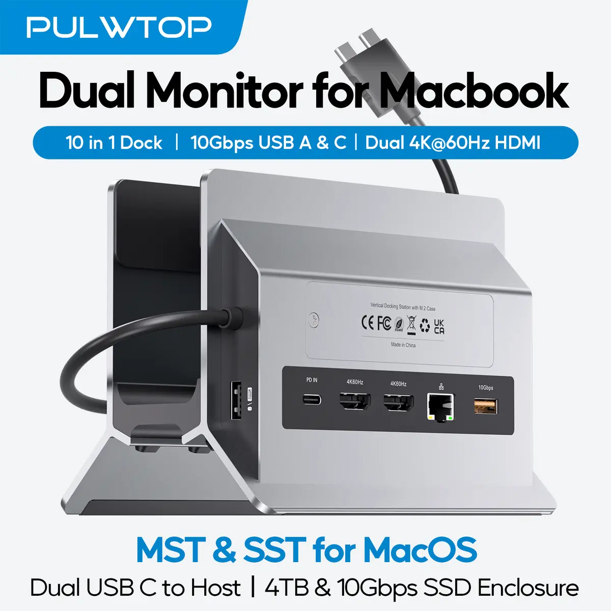 PULWTOP 맥북 도킹 스테이션 듀얼 모니터 (2개의 HDMI 4K60Hz, USB A/C 10Gbps, PD, 이더넷 지원) 맥북 프로 에어 M3 M4 M5용