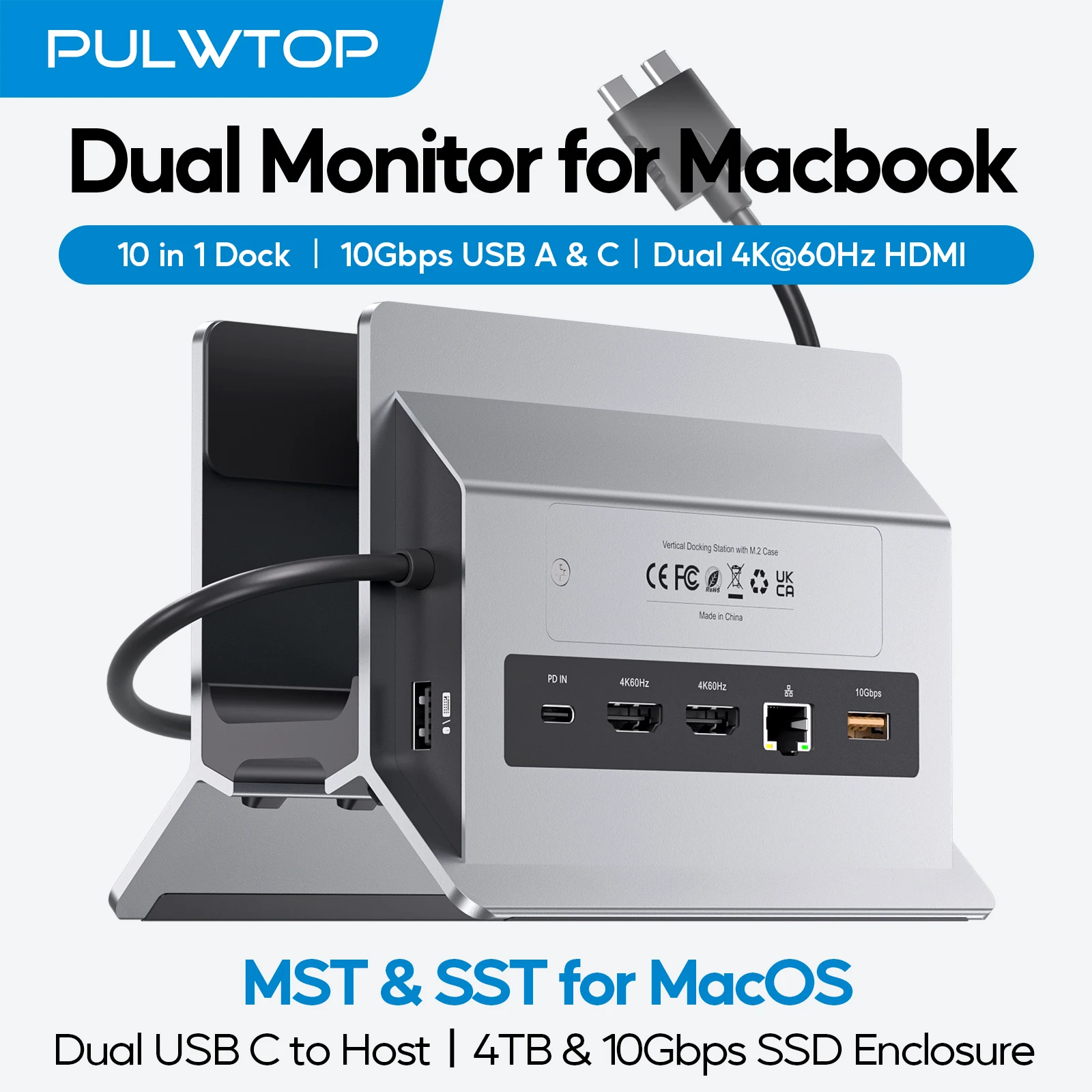 PULWTOP MacBook Docking Station Dual Monitor with 2 HDMI 4K60Hz, USB A/C 10Gbps, PD, Ethernet for MacBook Pro Air M3 M4 M5
