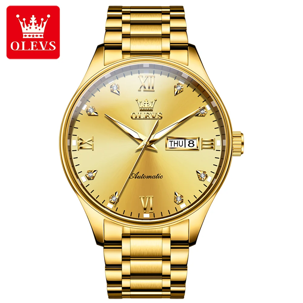 OLEVS Gold Men\'s Watches Automatic Mechanical Luxury Diamond Watchstrap Stainless Steel Business Classics Men\'s Wrist watch 9955