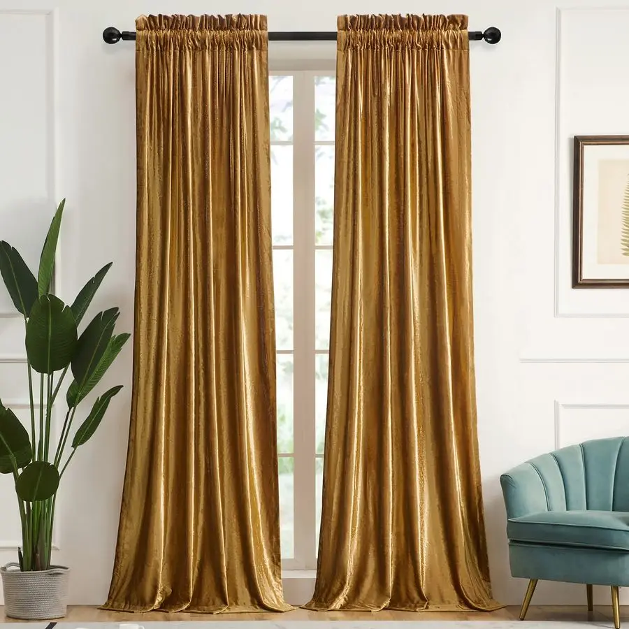 

Gold Curtains 84 inch for Living Room Velvet Blackout Rod Pocket Window Drapes Treatment Semi Room Darkening Decor Golden Curtai