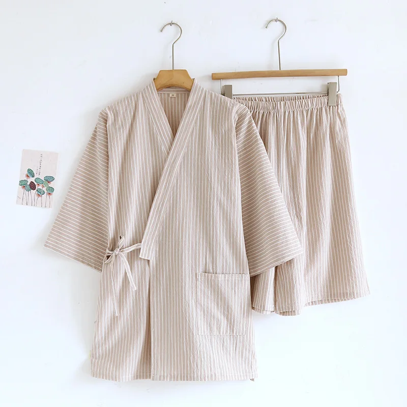 Autumn Washed Cotton Thin Striped Pajamas Men's and Women's Japanese Kimono Short Sleeve Shorts Pajama Set Loose Casual Pyjamas