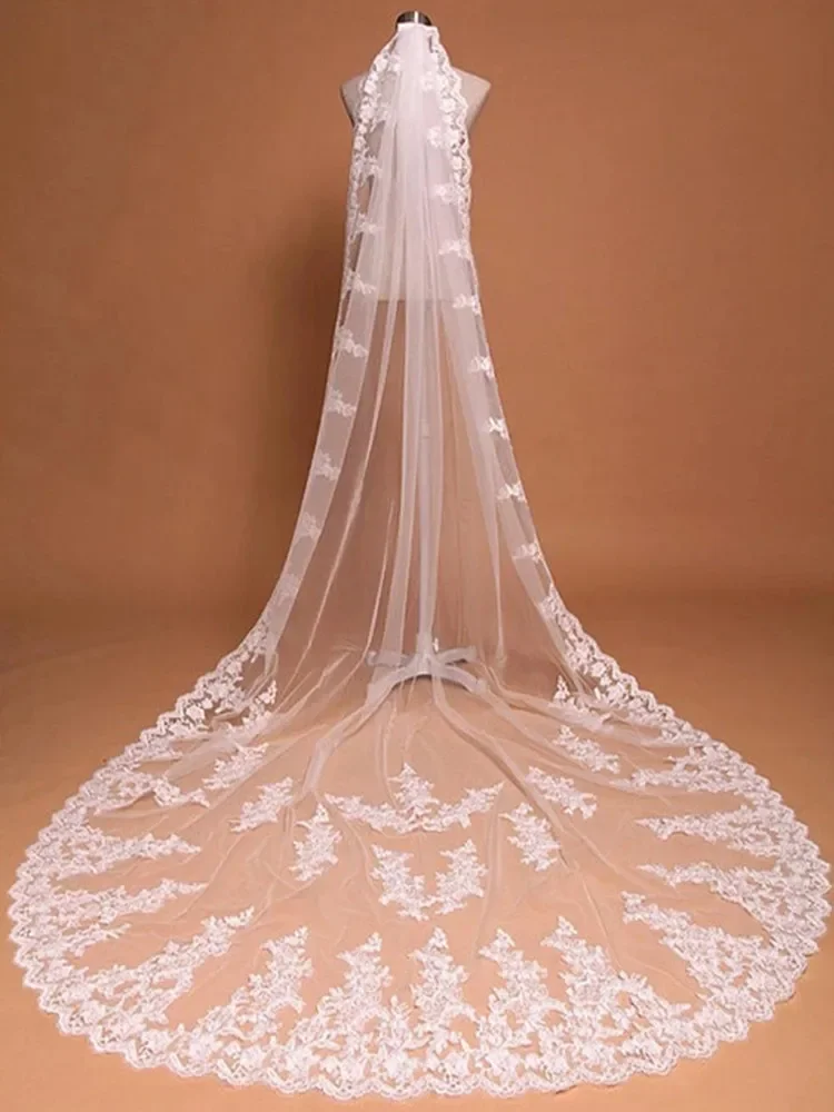 New White Ivory Long Bridal Veils One Layer Wedding Veil Lace Appliques Soft Net Cathedral Veil velos de novia voile de mariée