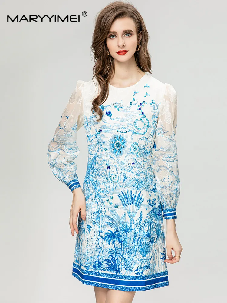 MARYYIMEI Fashion Summer Women's dress Lantern Long Sleeve Crystal Beads Coconut Blue Print Dresses