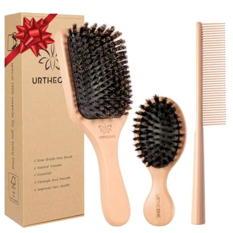 

Pure Hair Brush with Wide-Tooth Comb, Natural Beechwood Detangling Kit for Shine and Frizz Control, Gift for Women and Men