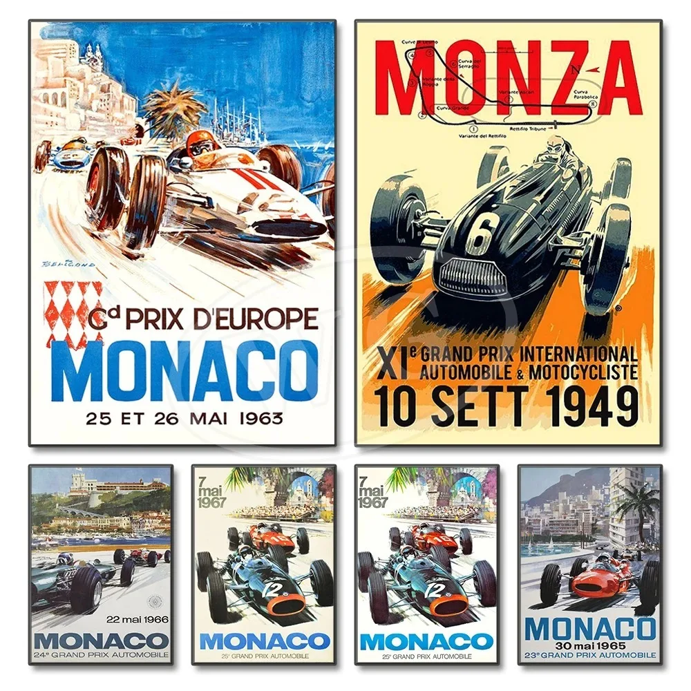

Vintage Car Races Monaco Prix F1 Racing Poster Canvas Painting Formula 1 Grand Prix Edition Racing Wall Art Pictures Home Decor