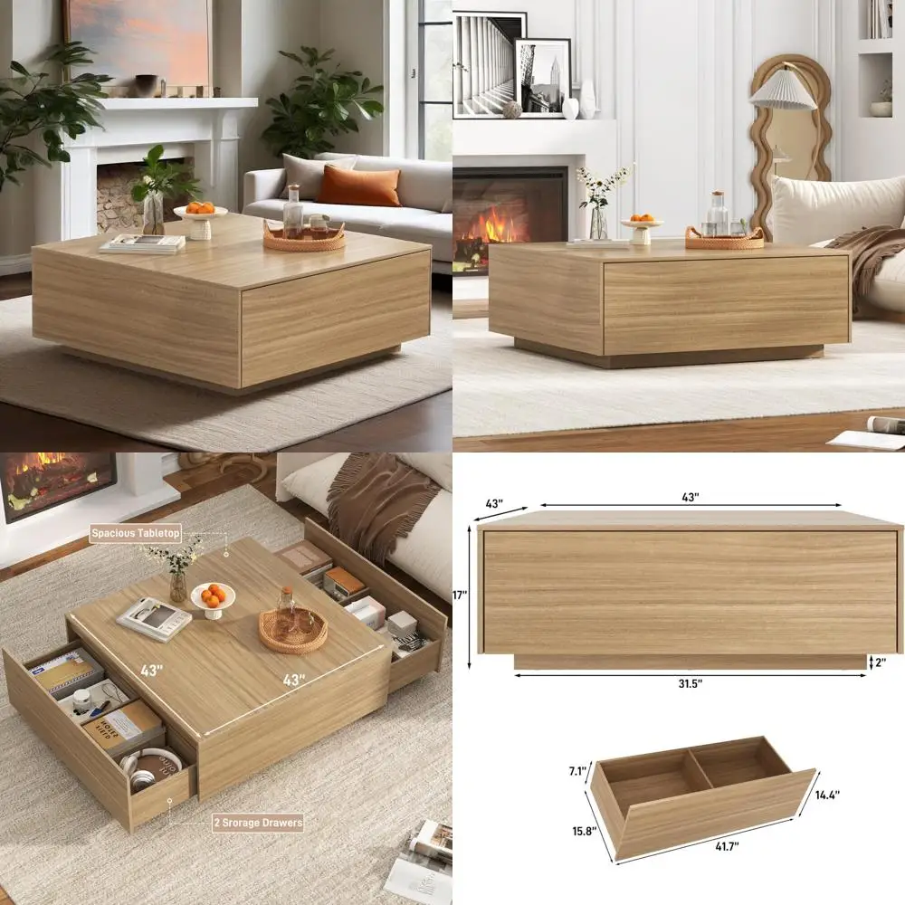 

Modern Large Square Coffee Table with Storage, 43 x 43 x 17, 2 Drawers Wooden Center Table
