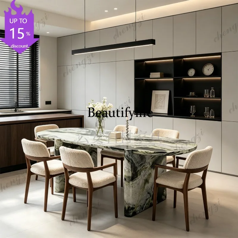 EE182 Nordic light luxury high-grade natural green marble oval dining table Villa hotel dining table negotiation table