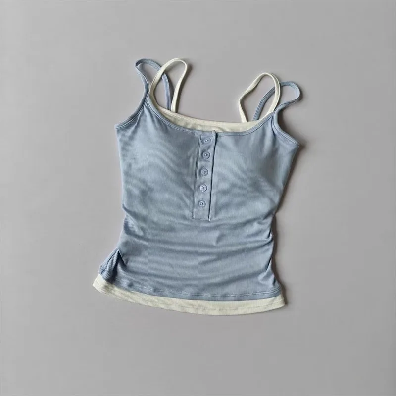 Color-Block Faux Two-Piece Sporty Bralette Ribbed with Built-In Chest Pads Lyocell Vest Backless Outerwear Suitable for Yoga