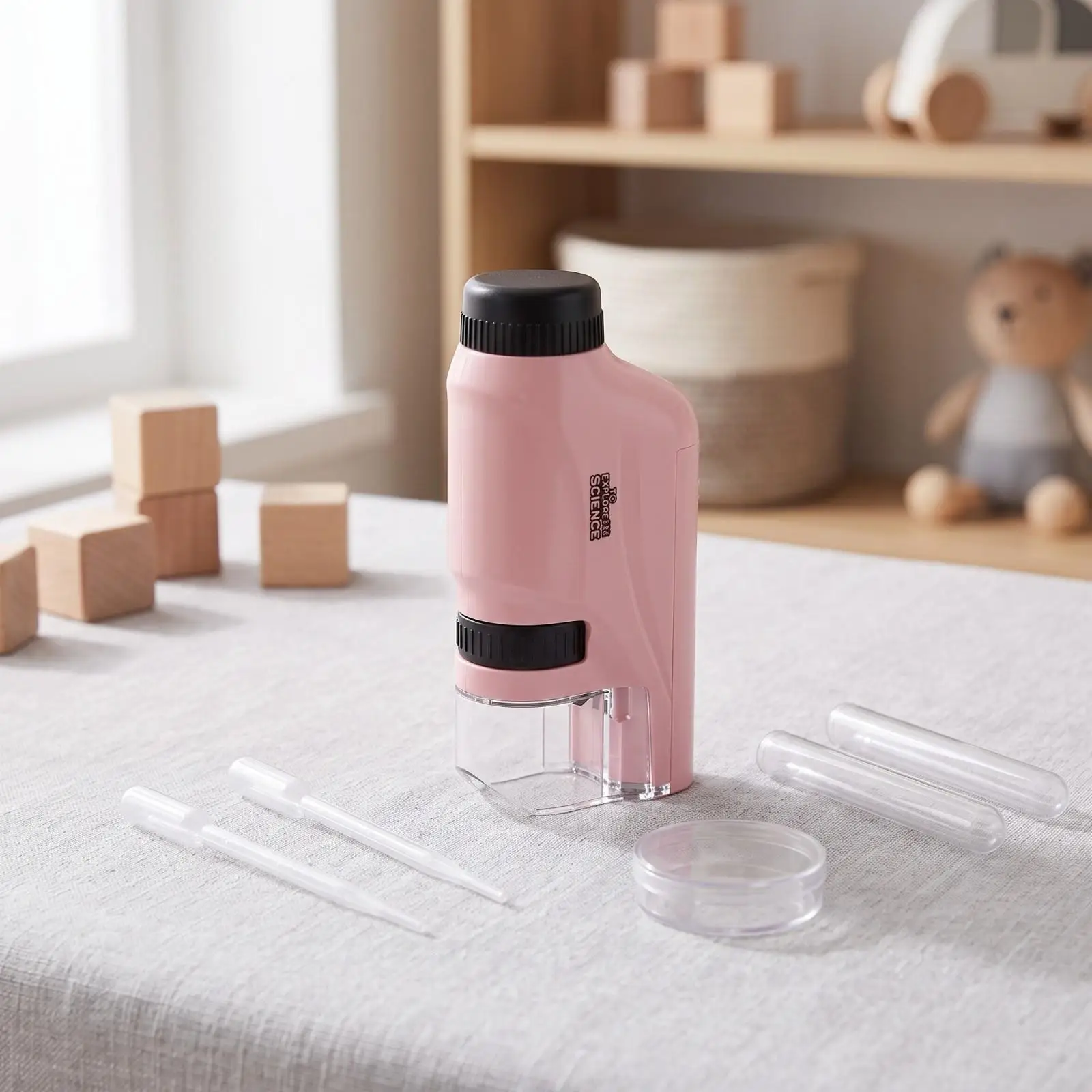 Compact Science Microscope for Children with Adjustable Focus Ring Optical Kit Includes Two Droppers and Dish for Hands on