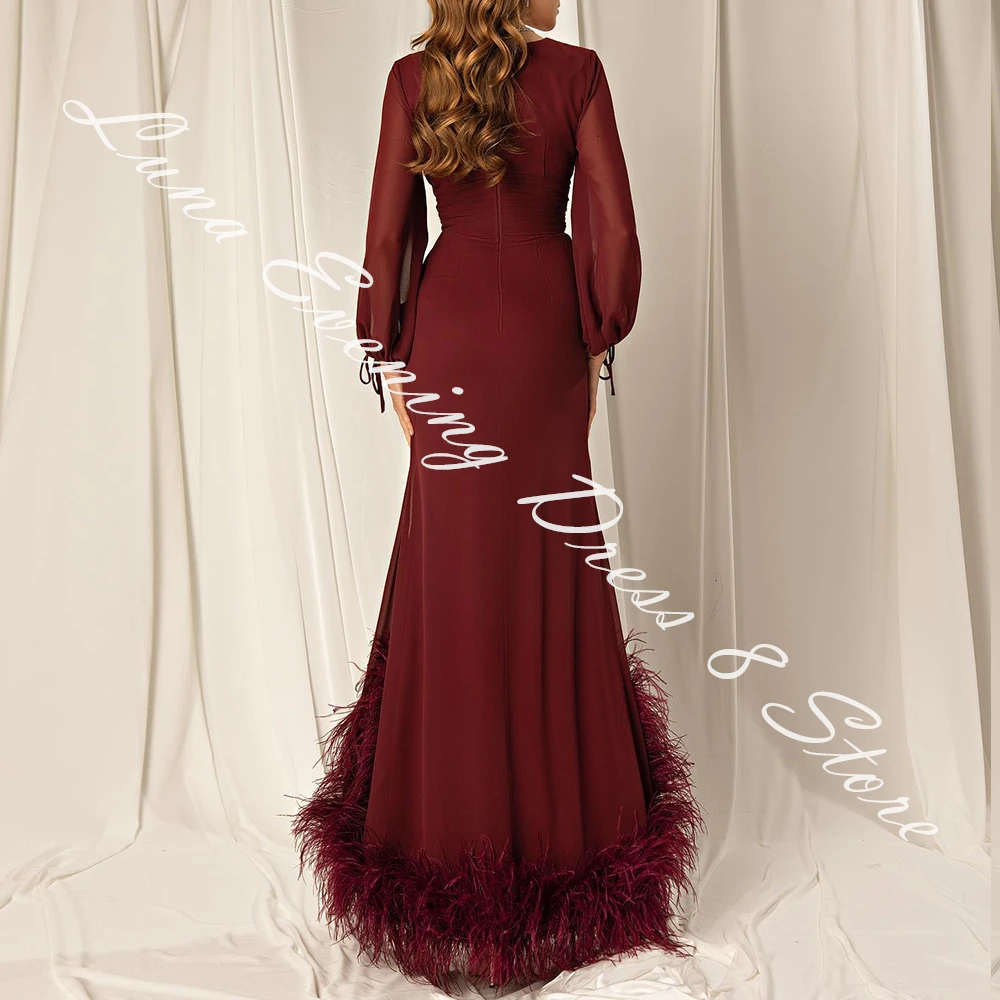 Customized Delicate Jersey A-Line Feathers Evening Dress V-Neck Floor Length Long Sleeves Photo Color Vestidos para mujer