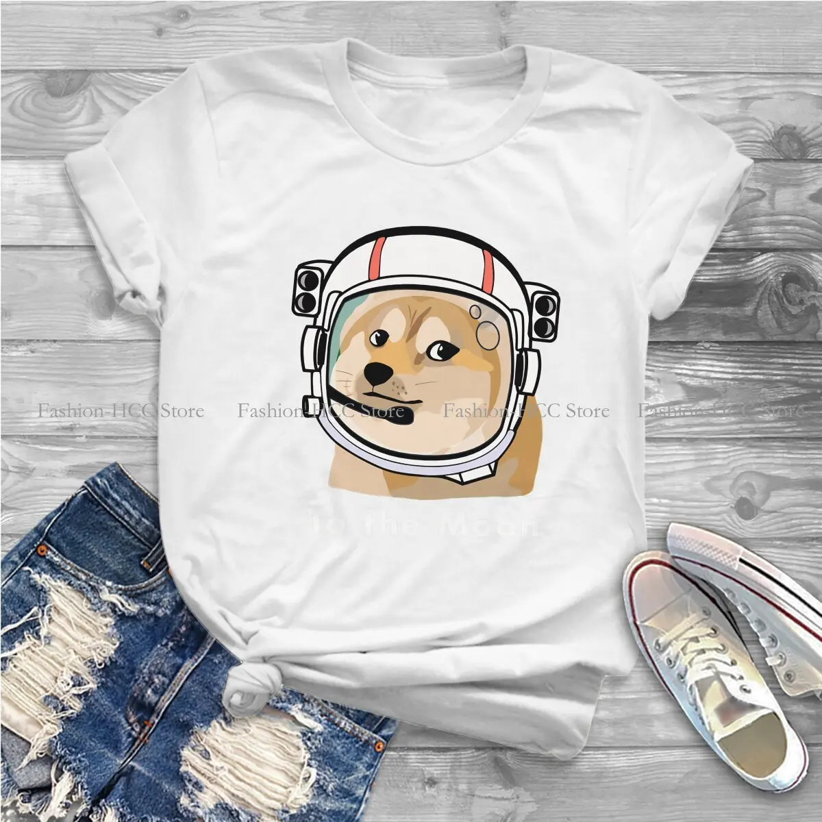 To The Moon Harajuku Polyester TShirt Doge Style Streetwear Casual T Shirt Female