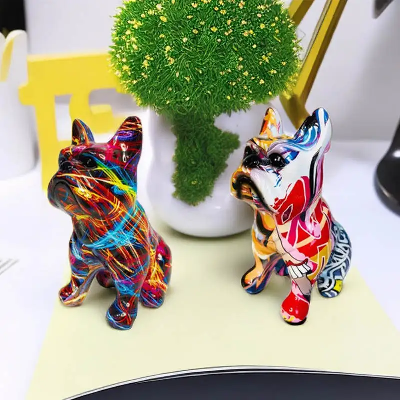 Graffiti Resin French Bulldog Statue Sculpture Colored Animal Dog Art Figurine Decoration for Living Room Home Table Ornaments