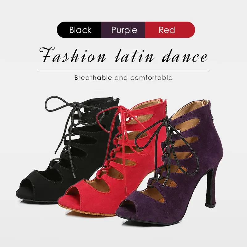 Women Lace-UP Latin Dance Shoes High Heels Ballroom Tango Dancing Boots Open Toes Soft Soles Party/Casual Dance Shoes