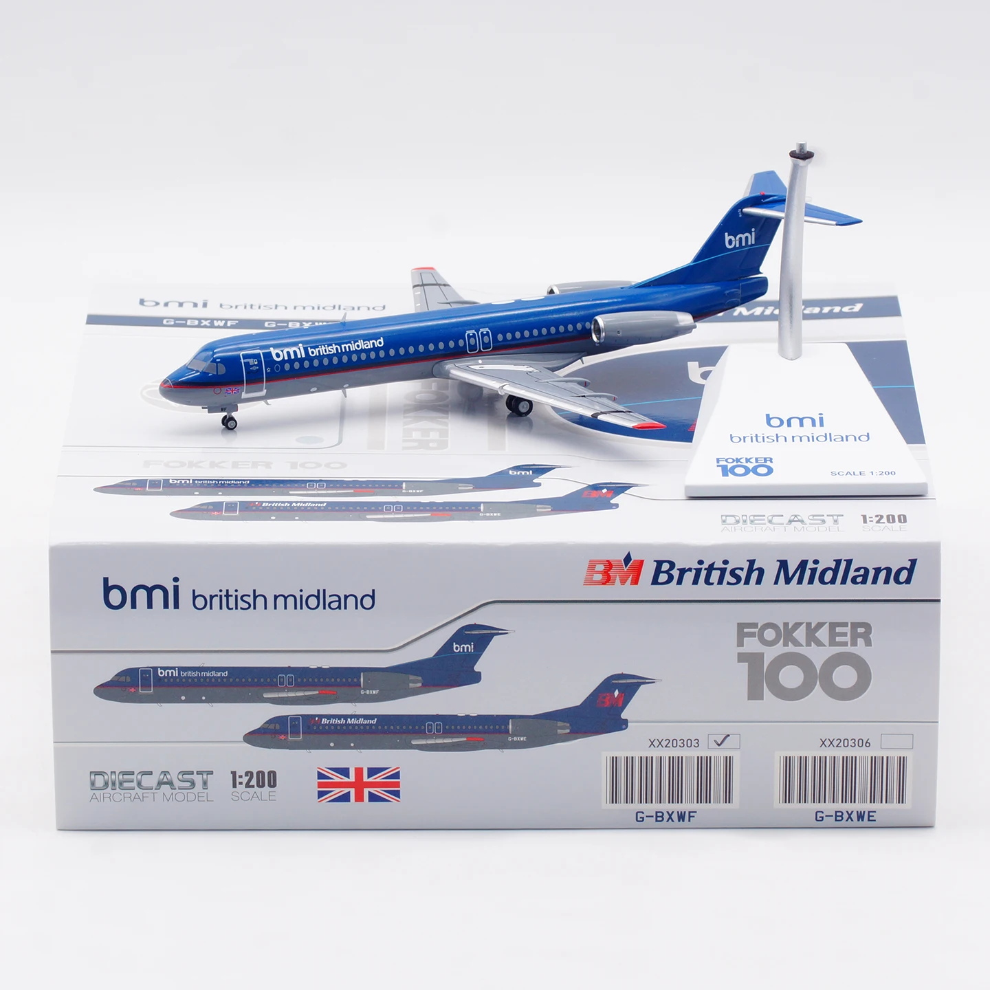

XX20303 Alloy Collectible Plane Gift JC Wings 1:200 British Midland Fokker 100 Diecast Aircraft Model G-BXWF With Stand