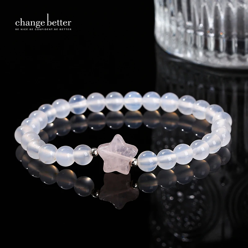 Change Better Natural White Agate Pink Quartz Star Shape Strand Bracelet Women Trendy Simple Stretch Bangles Friends Party Gifts