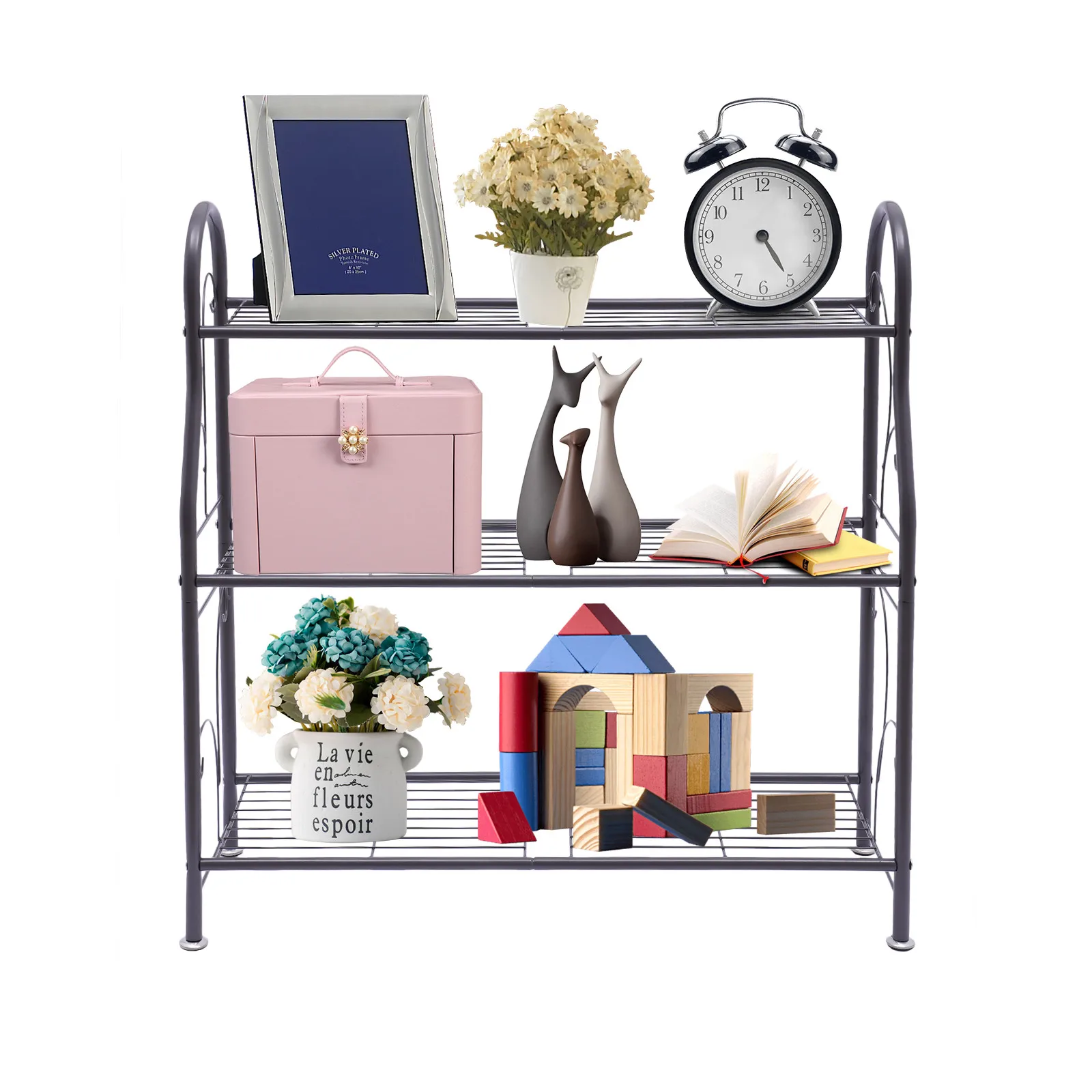 3-poziomowy ogrodowy stojak na rośliny z żelaznej ramek, metalowy, wielopoziomowy, na balkon, trawnik, doniczki, półka ekspozycyjna, dekoracja ogrodowa do użytku wewnątrz i na zewnątrz.