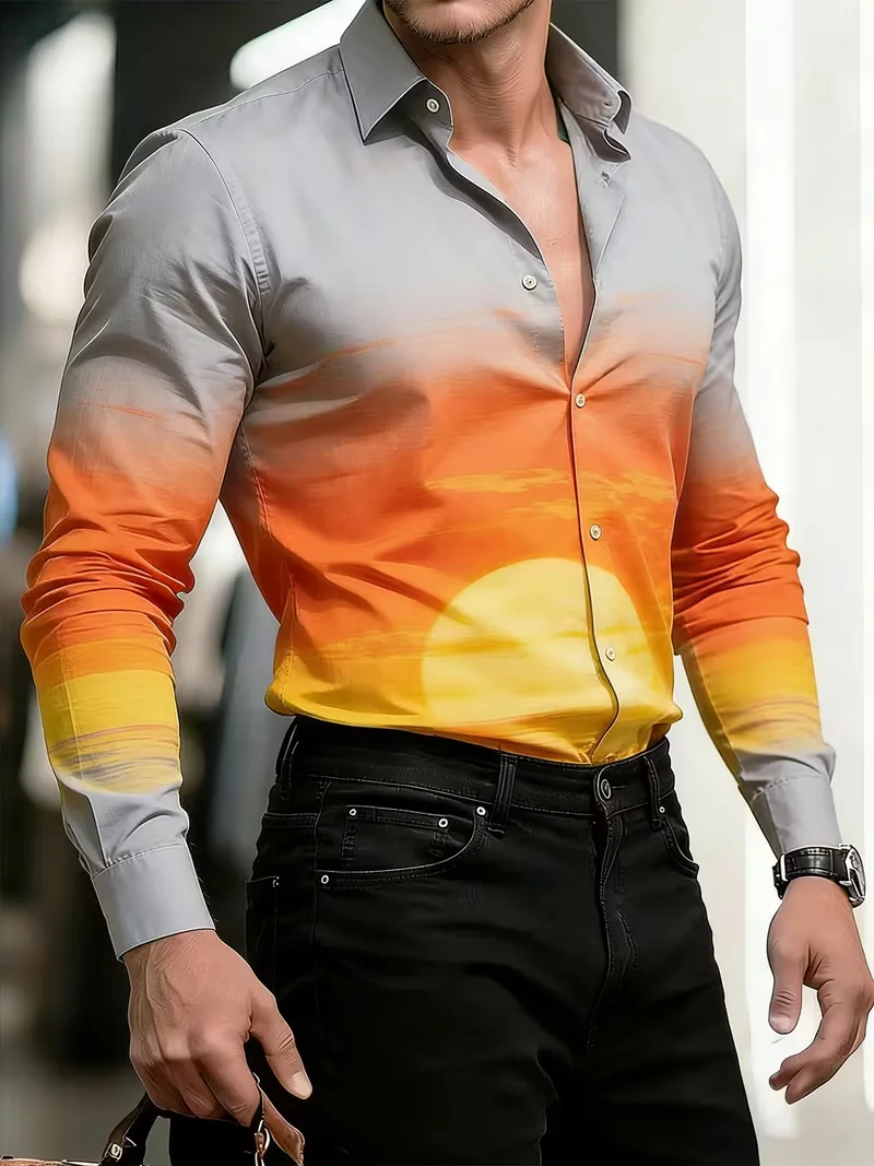 New Men's Fashionable 3D Flame Printed Shirt with Casual Long-Sleeved Button Design and Fashionable Shirt Top