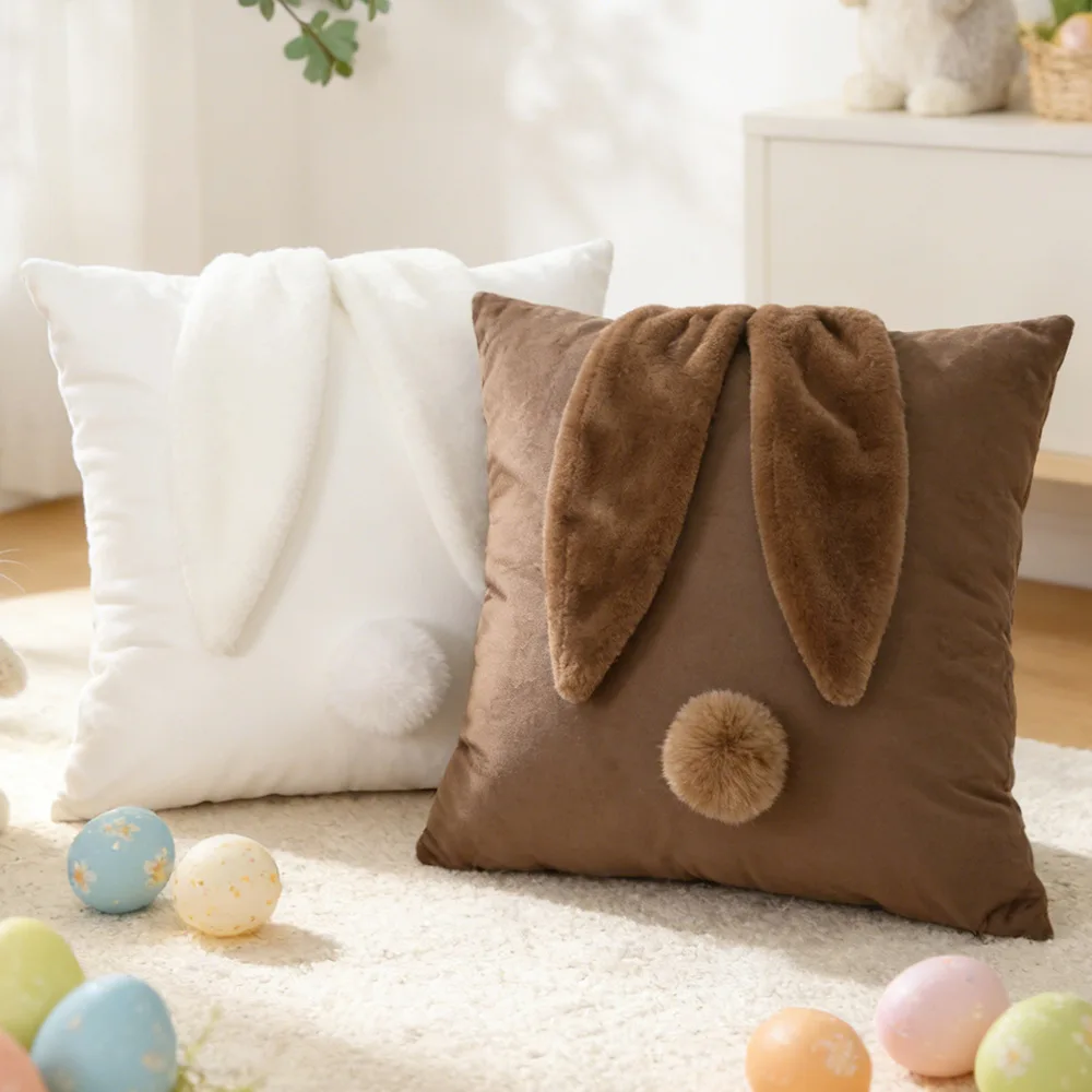 Easter Rabbit Velvet Throw Pillow Covers,18x18 Inch Rabbit Ears Design Bunny Luxury Accent Cushion Case for Sofa Couch Set of 2