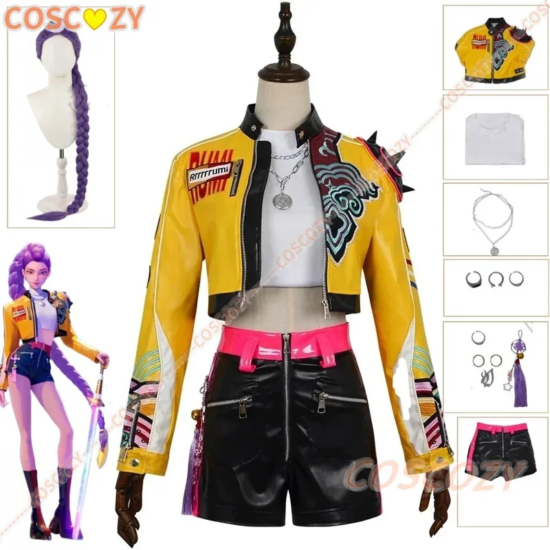 Disfraz de Rumi, peluca bordada, chaqueta de cuero PU amarilla, pantalones cortos, KPop Demon Hunters Huntrix, uniforme, pendientes, accesorios, traje