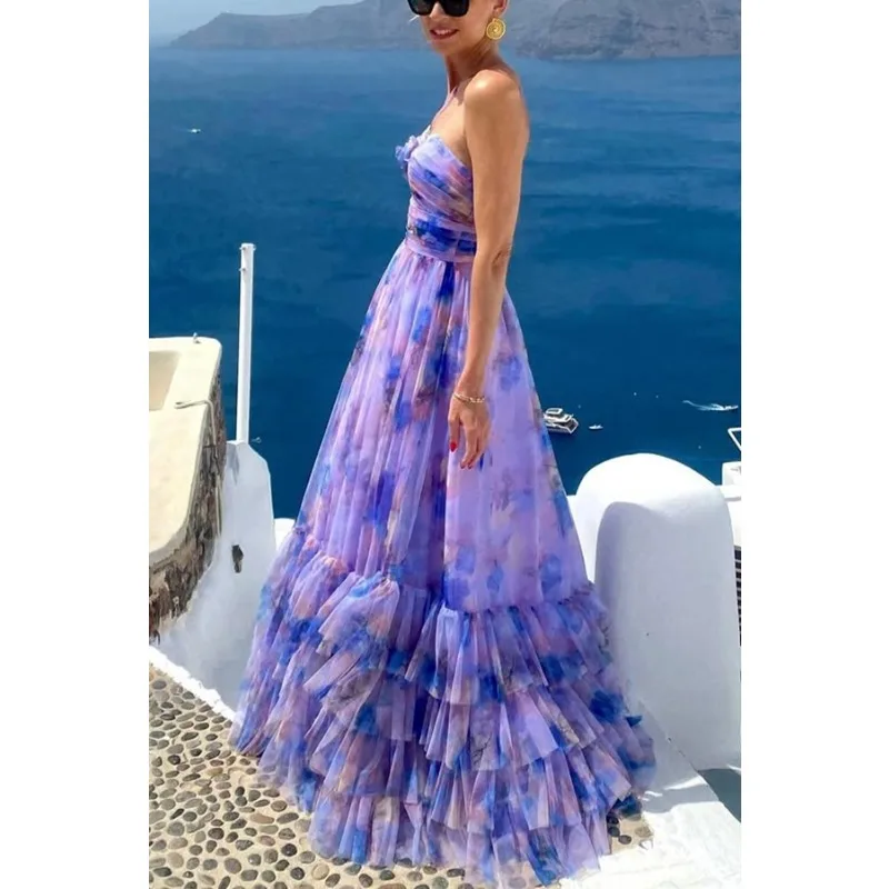 Sexy Women 3D Floral Tiered Ruffle Maxi Dress Halter Off Shoulder Corset Guest Cocktail Vacation Beach Dress Celebrity Boho Gown