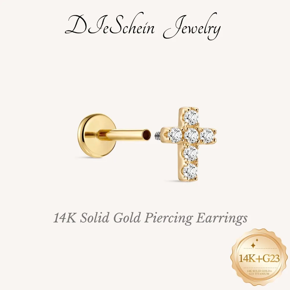 DIeSchein 14K Solid Gold Piercing Earrings for Women Flat Back Stud Earrings for Helix Tragus Daith Piercings 14k Gold Jewelry