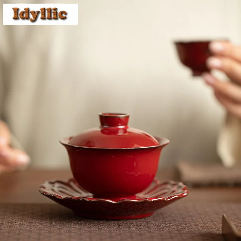

130ml Palace Museum Red Lotus Gaiwan Handmade Tea Tureen Tea Bowl with Lid Kit Tea Maker Cover Bowl Tea Ceremony Decoration Gift