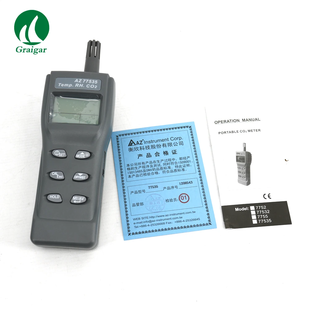 AZ77535 Air Quality Monitor Carbon Dioxide CO2 Meter 9999ppm Temperature Humidity RH DP WBT Digital IAQ Tester