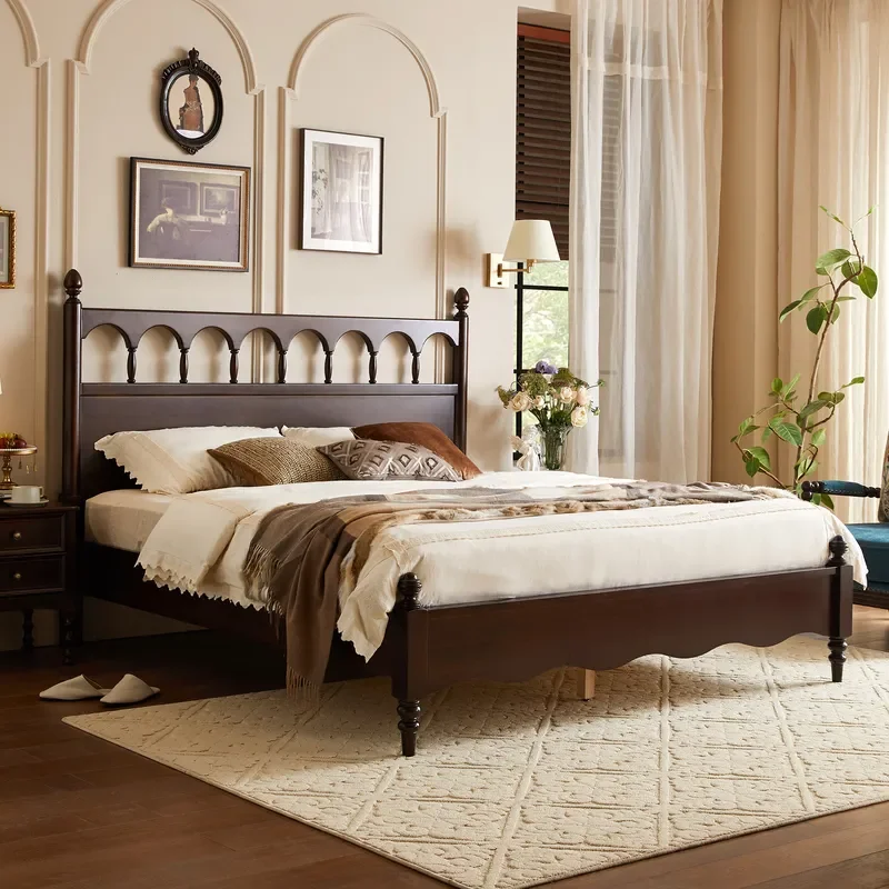 For Retro Arched Solid Wood Bed Breathable Headboard Silent Wooden Slat Frame Durable Bedroom Furniture No Assembly Needed