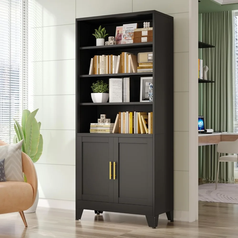 71 خزانة كتب معدنية وأرفف كتب مع بابين و4 أرفف قابلة للتعديل، وخزانة تخزين سوداء طويلة، وشاشة صناعية حديثة مفتوحة