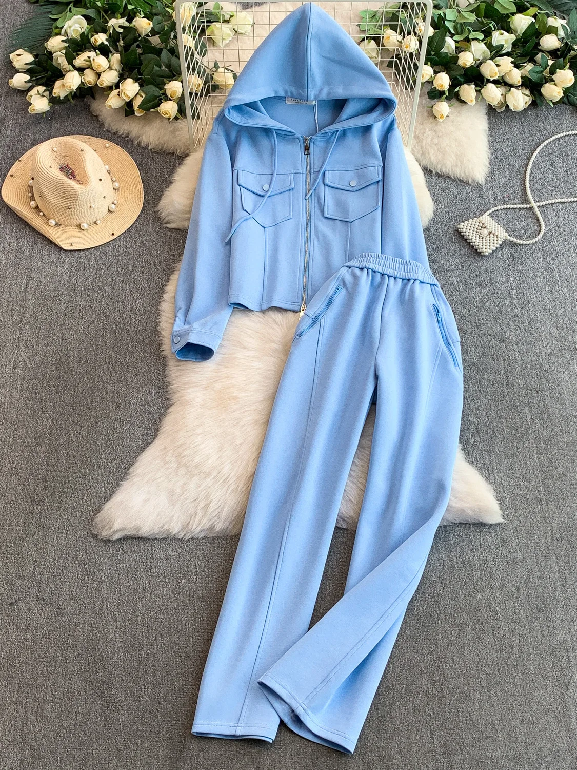 

Casual Women's Autumn Winter Two-Piece Set Zipper Hooded Jaet High Waist Wide Leg Pants Faionable High-End Feeling