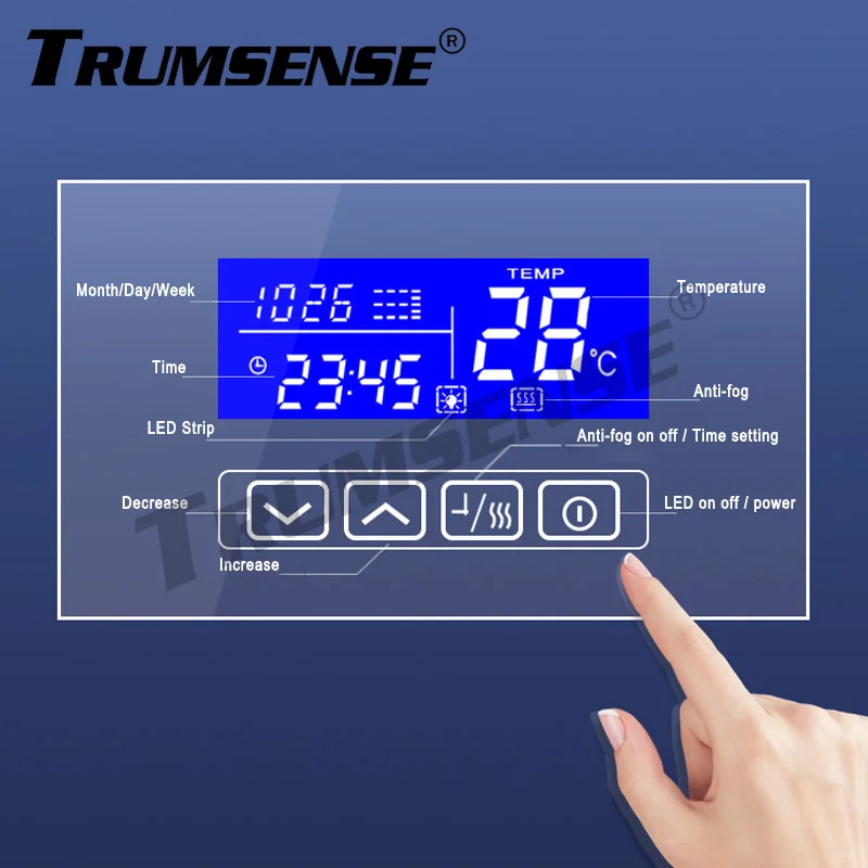K3014AF LED Light Mirror Touch Sensor Switch Panel Time Temperature Date Anti-fog Film On Off Control for Hotel Home Bathroom