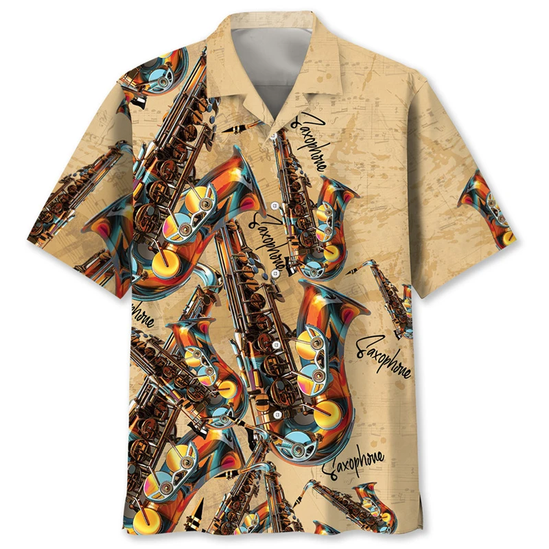 Hawaii Music Style Shirt Vacation Leaves 3d Printed Casual Button Shirts Men's Clothing Retro Colorful Saxophone Leisure Blouse