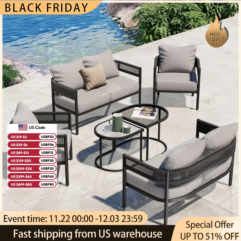 6-Piece Wicker Outdoor Furniture Set with Beige Thick Cushions and Coffee Table,Sofa Conversation Set for Backyard,BalconyGarden