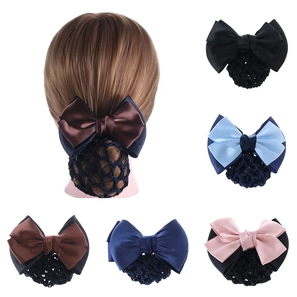 Women Fashion Satin Bow Barrette Elastic Updo Styling Tool Hair Clip Net Knitting Bun Cover Ballet Crochet Snood