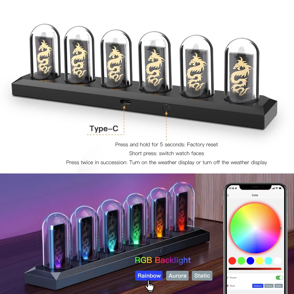 RGB Digital Nixie Tube Clock Home Gaming Room Bedside Table Cool Decor DIY Picture Display USB IPS Color Screen Glows Nightlight