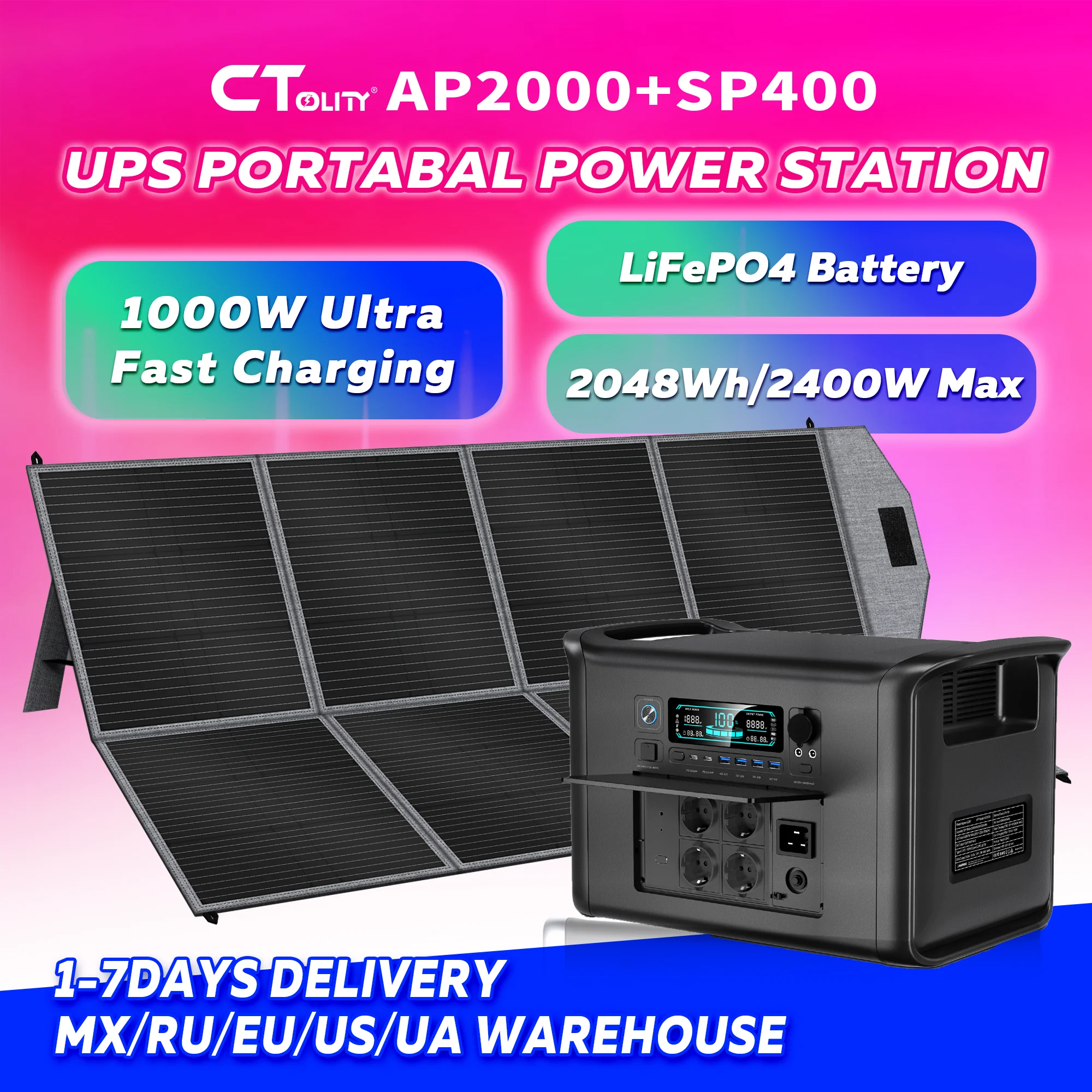 

CTOLITY Ctolity 2400W 2048WH Portable Power Station SP400 400W 41V Flexible Solar Panel Camping Lifepo4 Battery Solar Power Supp