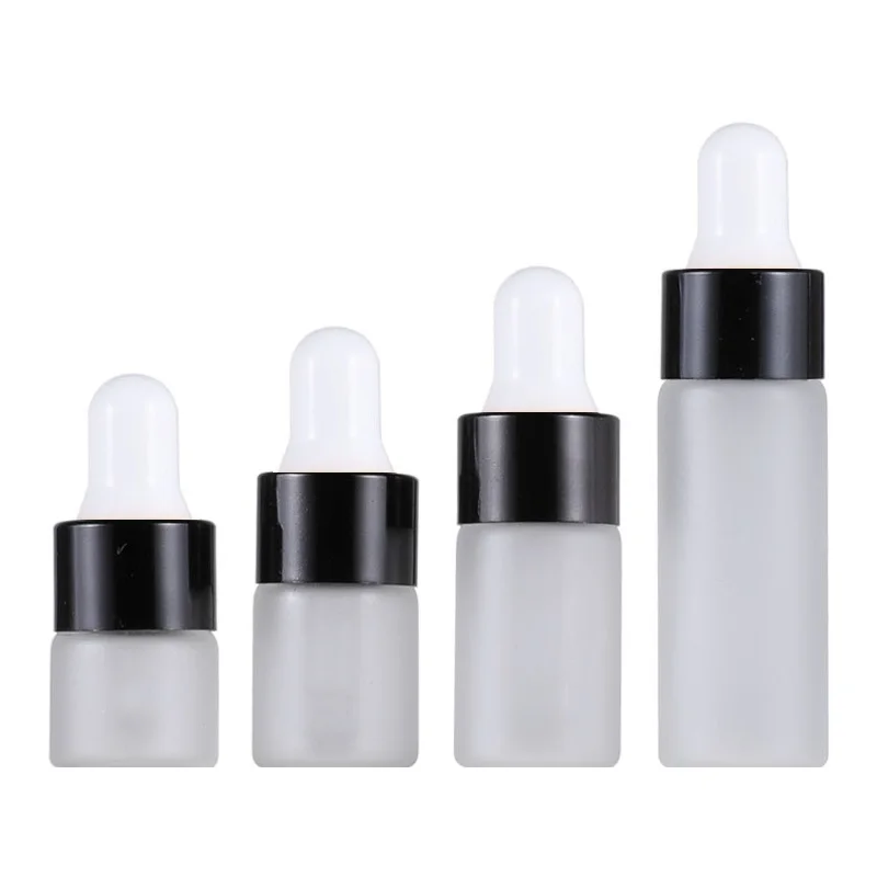 100Pcs Rubber Top Pipette Bottle 1ml 2ml 3ml 5ml Glass Frosted Vials Black Ring White Top Cosmetic Refillable Small Sample Vials