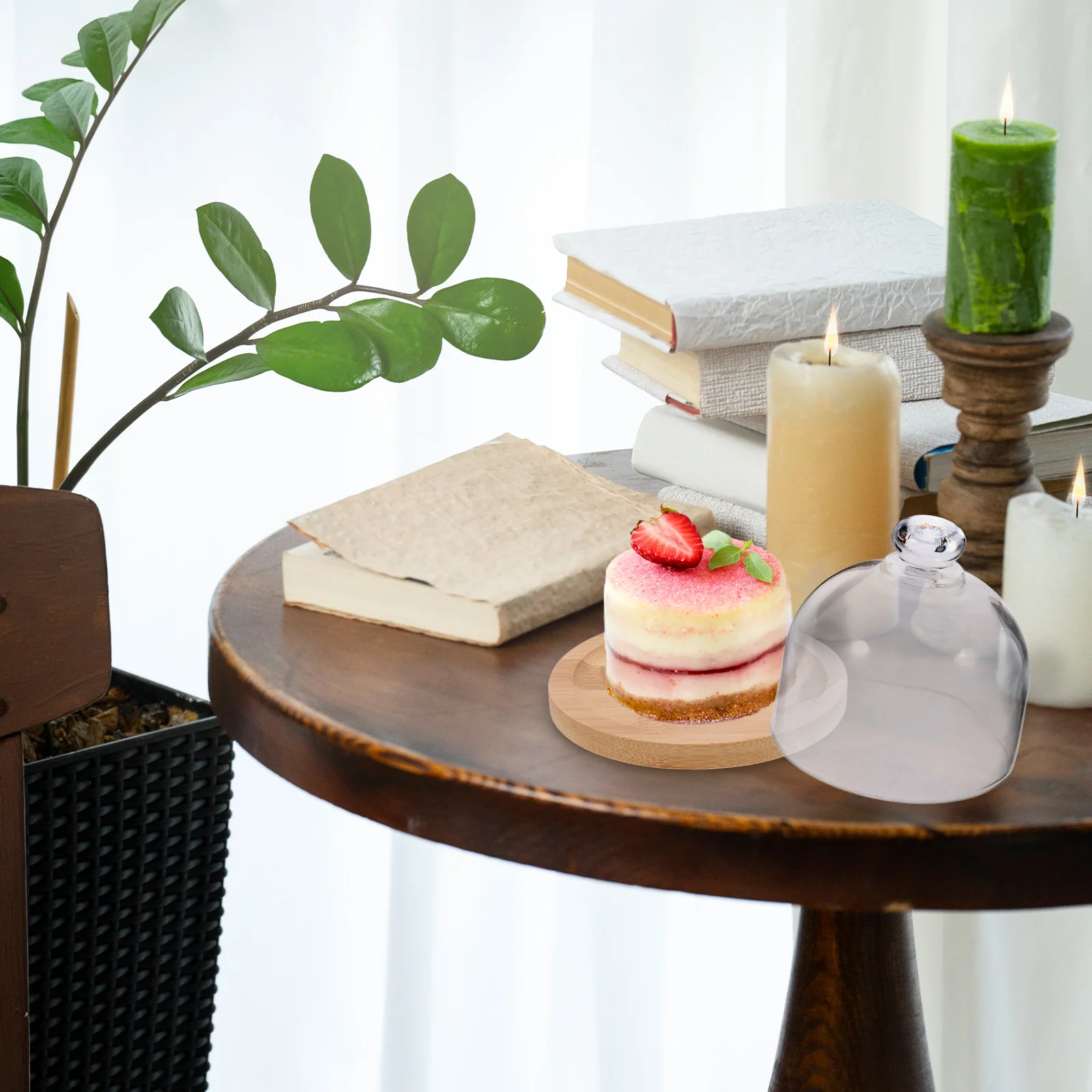 

1Set Dessert Display Tray Clear Lid Cake Glass Cover Food Protection Dust Cover Wooden Plate for Party Home Restaurant