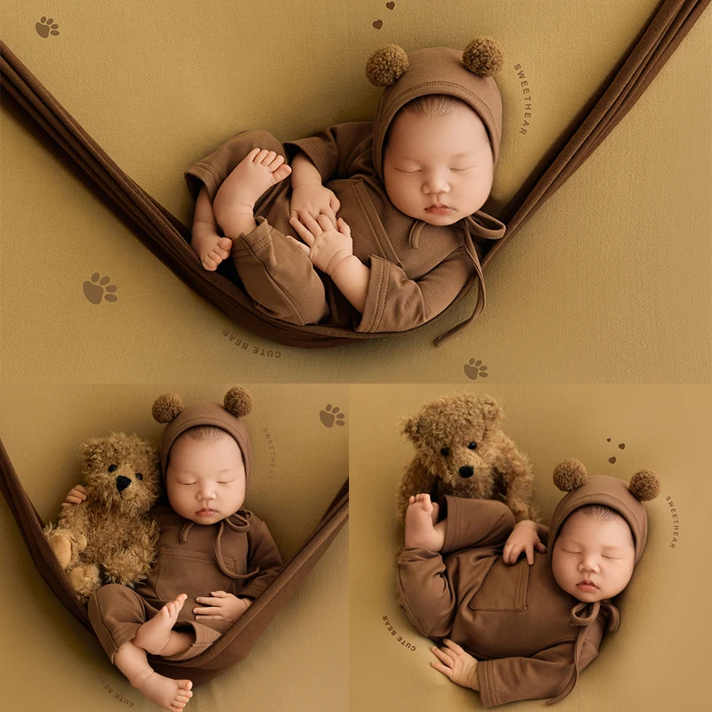 

Newborn Photography Bear Clothing Bear Ear Hat Jumpsuit 2pcs/set Plush Toy Baby Shoot Props Studio Photo Accessories Backdrop