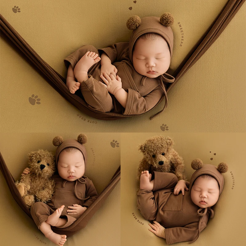 Urso Ear Hat e Macacão para Fotografia Recém-Nascida, Plush Toy, Studio Photo Acessórios, Backdrop Props, Roupas para Baby Shoot, 2 PCs/Set