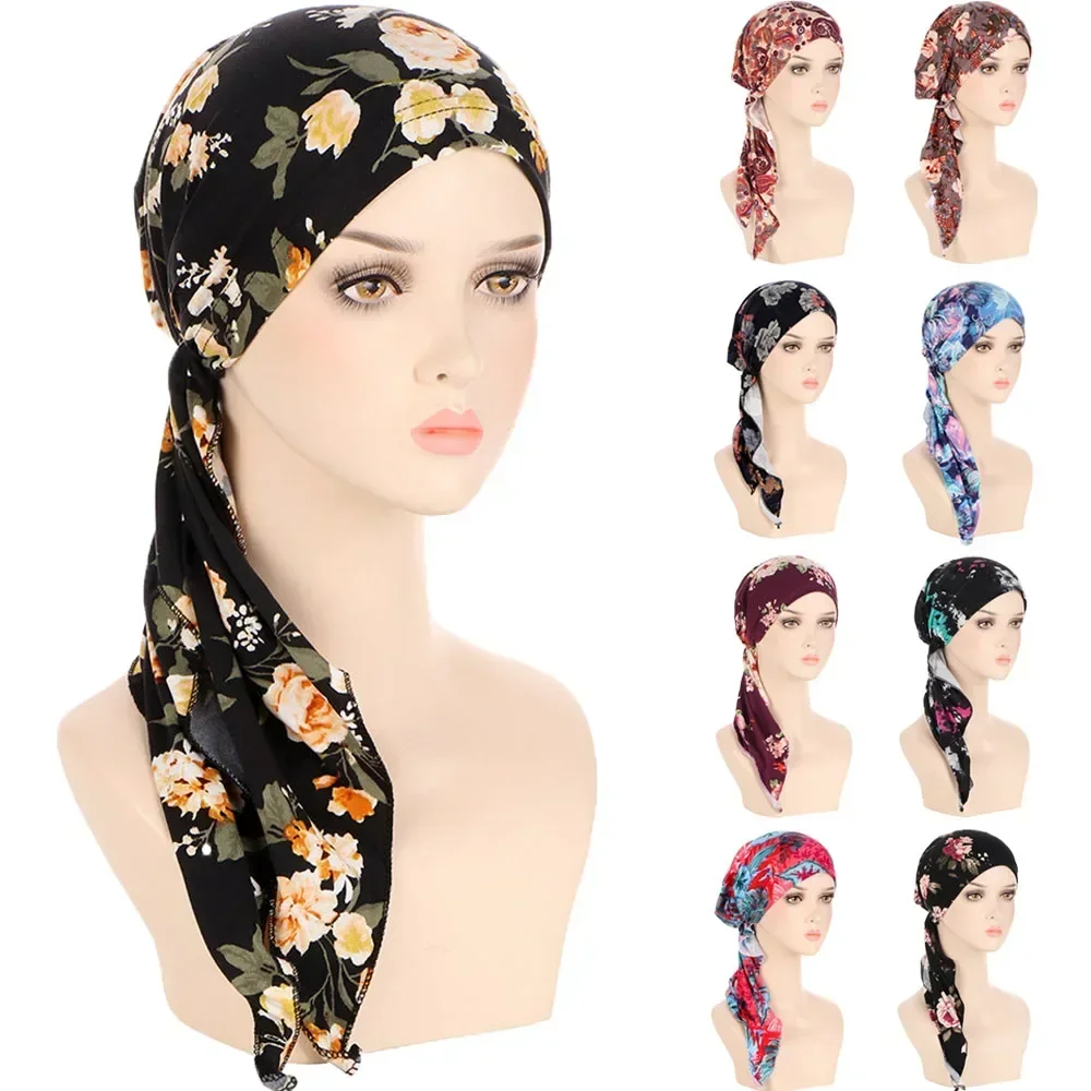 

Pre-Tied Women Chemo Inner CapTurban Muslim Hijabs Printed Headscarf Hair Loss Caps Cover Beanies Cancer Femme Hat Headwear Wrap